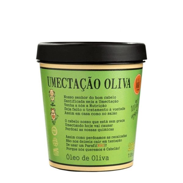 Máscara capilar Lola Cosmetics Umectação Oliva de 200g en envase verde con detalles en blanco.